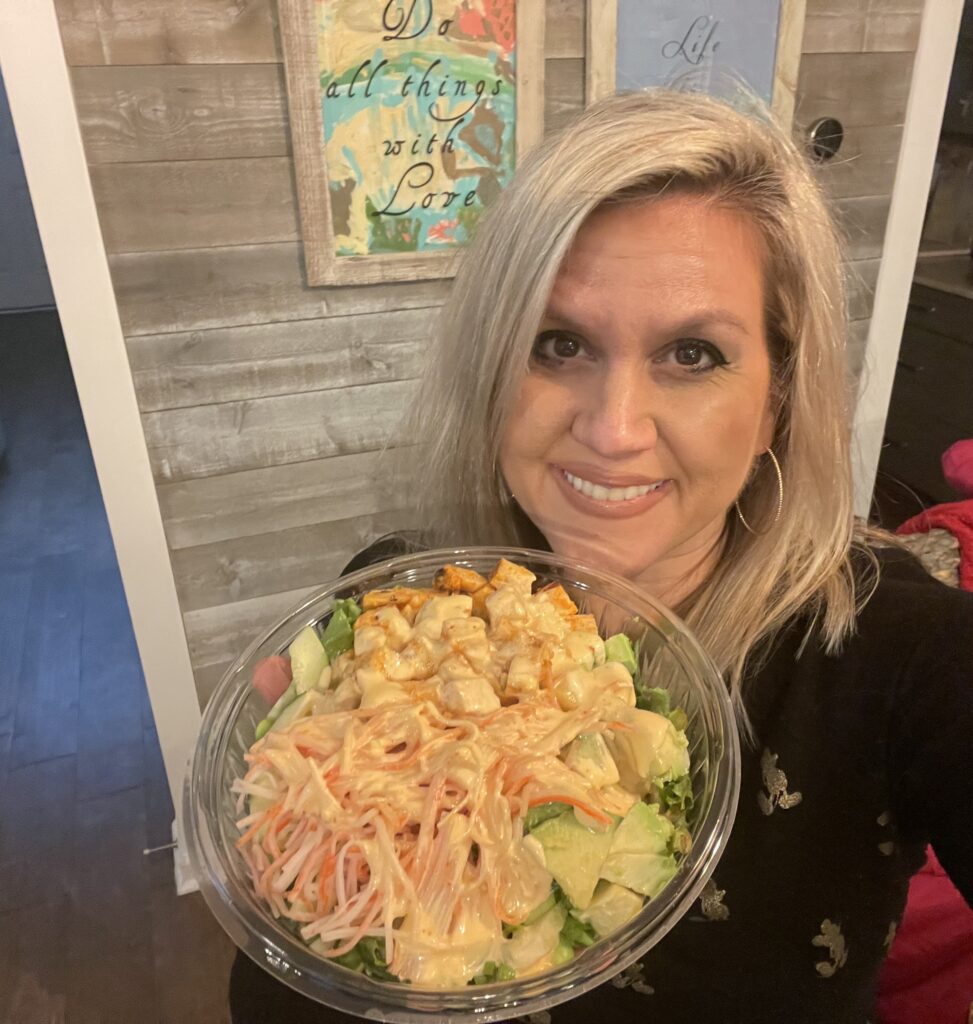 Spicy Chicken Poke Bowl with all the veggies and brown rice