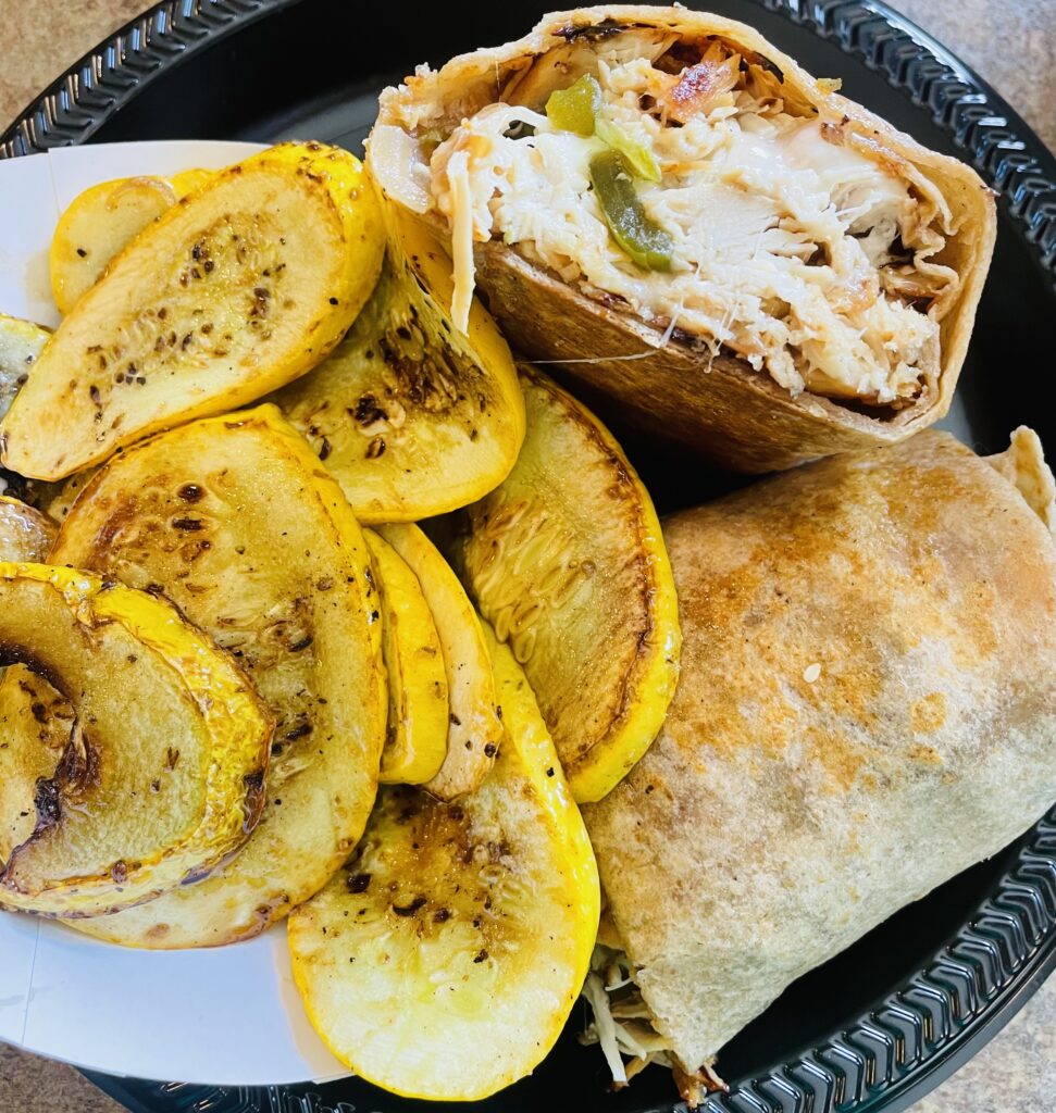  grilled squash and a grilled chicken Philly on a whole wheat wrap at Nishi G's 